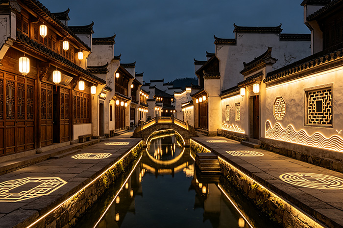 摒弃同质化灯光，景区灯光亮化结合徽派古建文化打造特色夜景