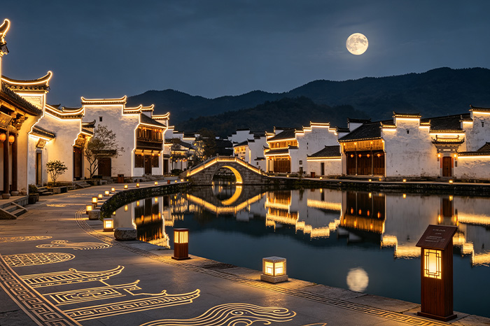 摒弃同质化灯光，景区灯光亮化结合徽派古建文化打造特色夜景