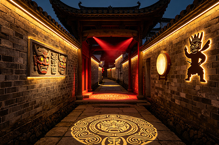 抚州傩文化村景区灯光亮化，以傩戏文化提升景区夜间吸引力