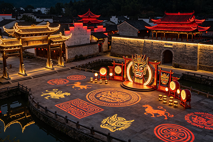 抚州傩文化村景区灯光亮化，以傩戏文化提升景区夜间吸引力